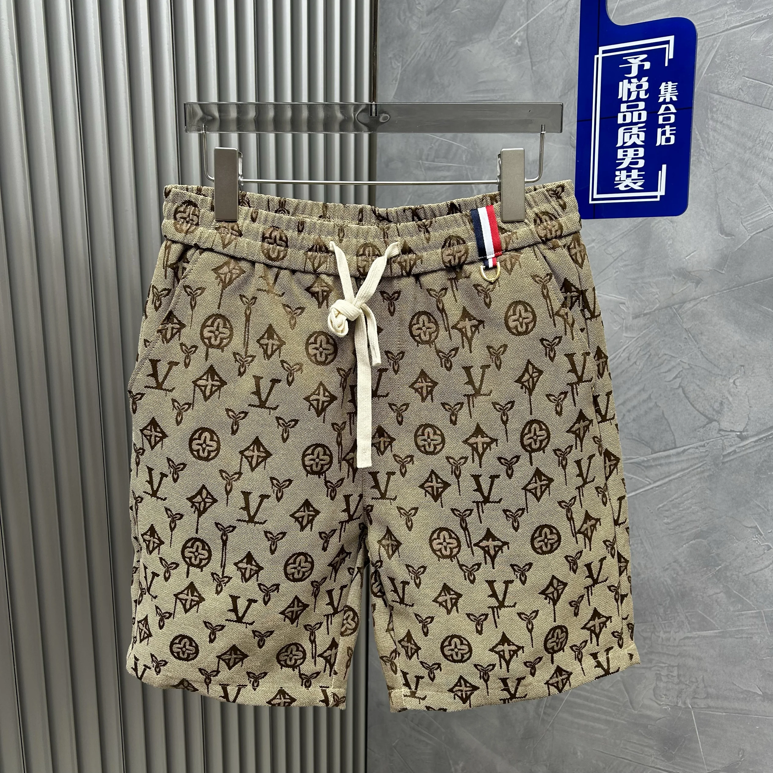 Summer new men's drawstring shorts denim slim cropped pants fully printed breathable thin style personality