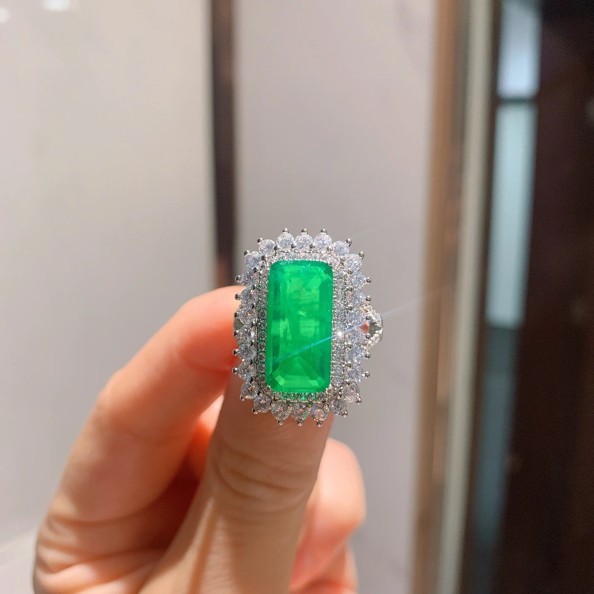 genuine Luxury brand real jewels Ring female imitation emerald color treasure wind sparkle diamond set women's ring high quality