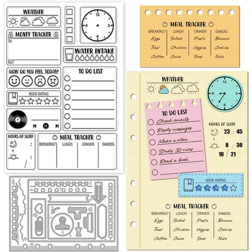 Tägliches Tagebuch, Haftnotizen, transparenter Stempel, Tagebuchrahmen, Stanzformen für die Kartenherstellung, Sammelalbum, Symbole, Seite, Silikonstempel, Metallstempel