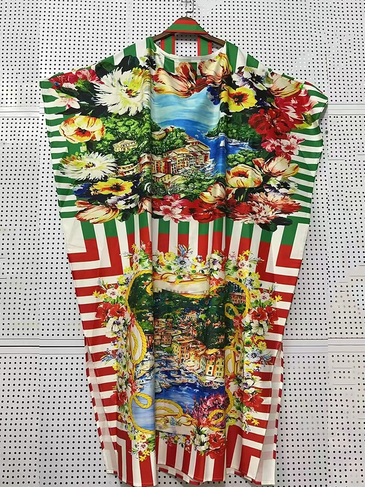 Robe d'été à manches chauve-souris pour femmes, rayée, imprimé paysage, à lacets, taille serrée, avec ourlet ample et jupe fendue, été 2025