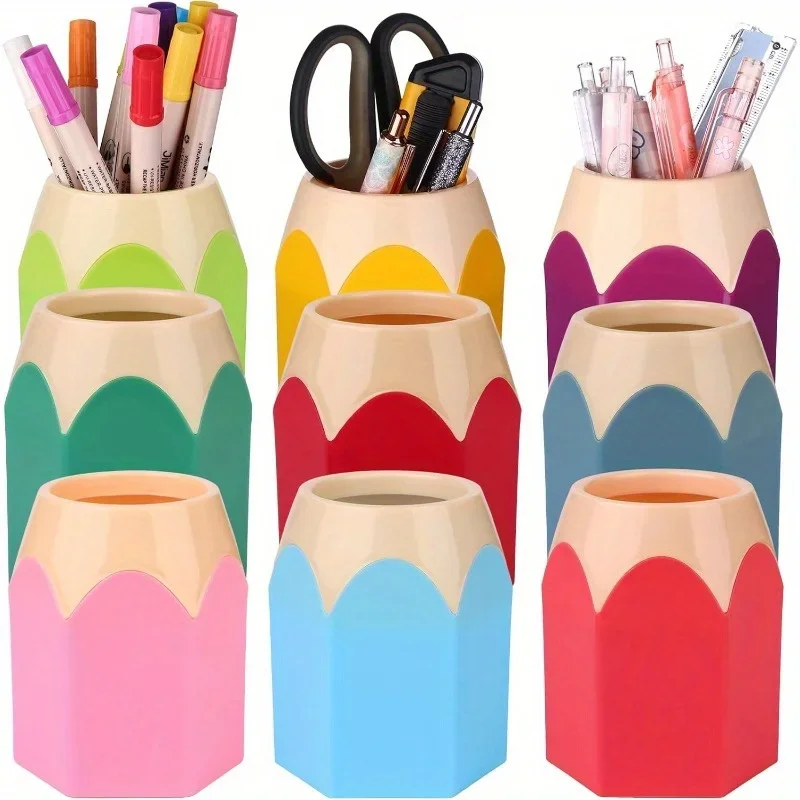 3/5pcs Cartoon Pencil-Shaped Desk Organizer Set | PE Plastic Pen Holder with Cup and Box, Office Colorful Stationery Storage