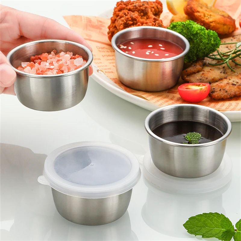 6PCS 40ML MIni Sauce Cup with Sealed Lid Leak-Proof Stainless Steel Salad Tomato Sauce Dipping Dish Kitchen Small Seasoning Box