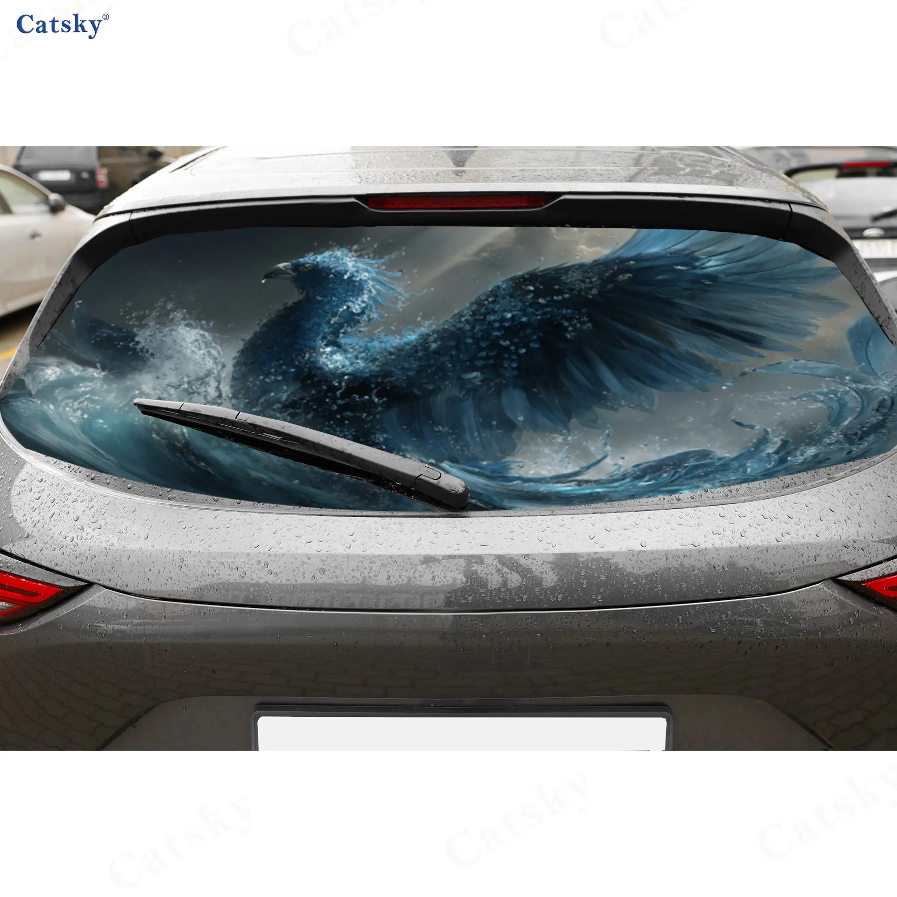 Deep Blue Water Phoenix PVC Perforated Car Vinyl Wraps, Durable Car Rear Windshield Sticker, Waterproof Car Rear Window Decal
