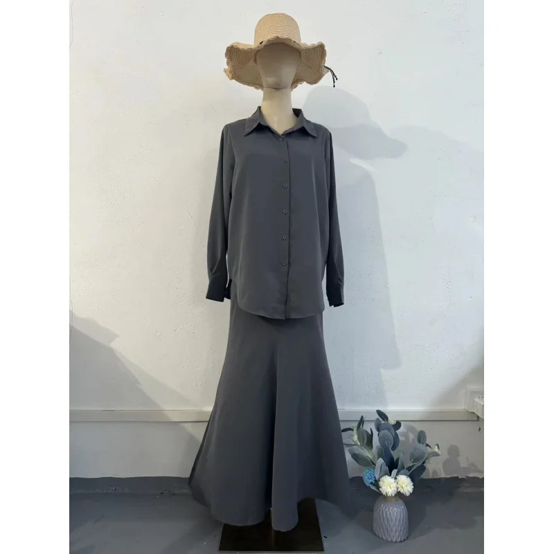 Bequeme Casual Lose Hülse Hemd Elastische Taille Langen Rock Zwei-Stück Set Women2025New Dünne Anzug