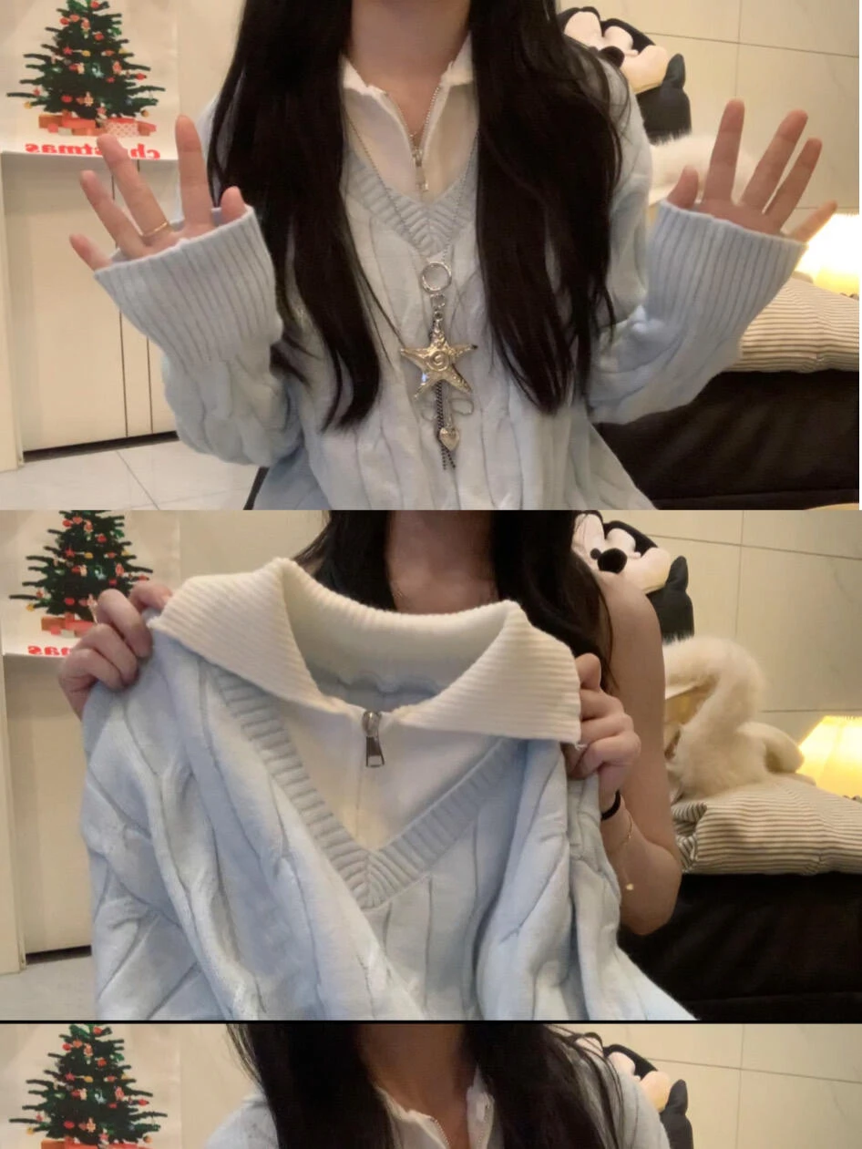 

Свободный корейский синий лоскутный вязаный свитер на молнии, женский осенне-зимний модный топ высокого класса