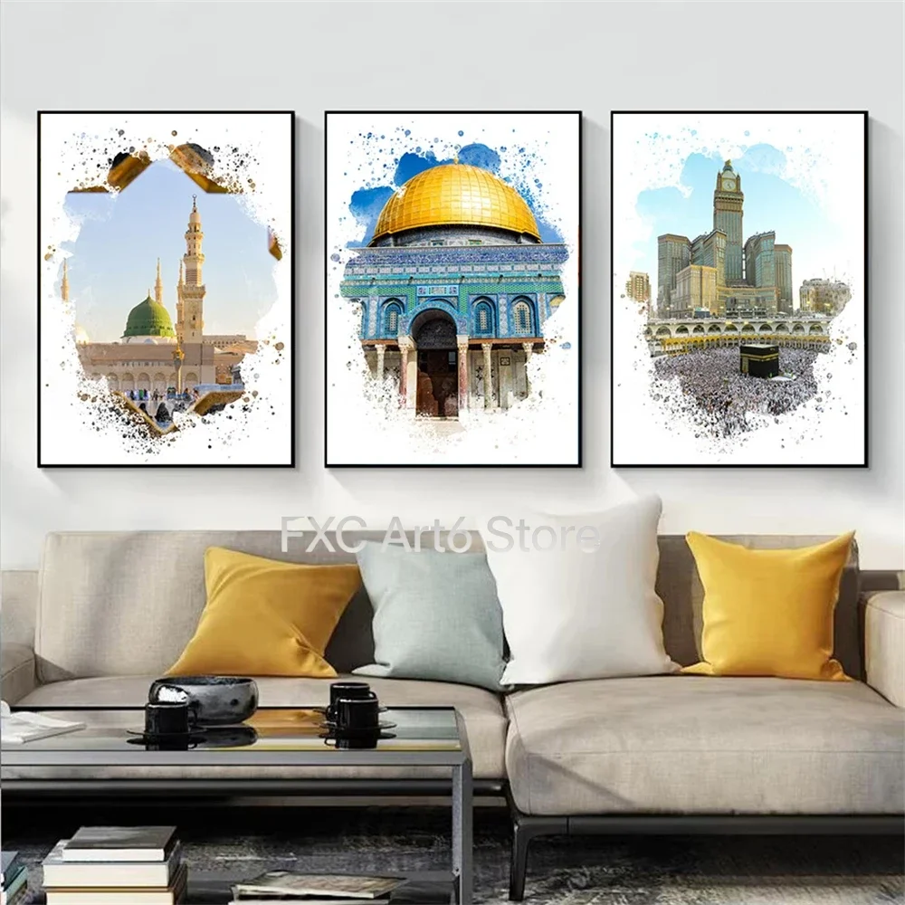 3pcs frameless --Masjid Al Aqsa Islamic Holy Cities Muslim Canvas Painting Prints And Posters Vintage Room Home Bar Cafe Decor A