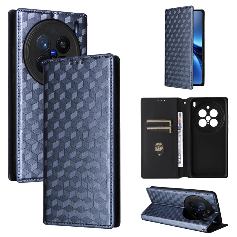 For Vivo X200 Pro 5G Magnetic Card Flip Leather Stand stereoscopic lines Phone Protective Case For Vivo X200 Pro V2405A V2405DA