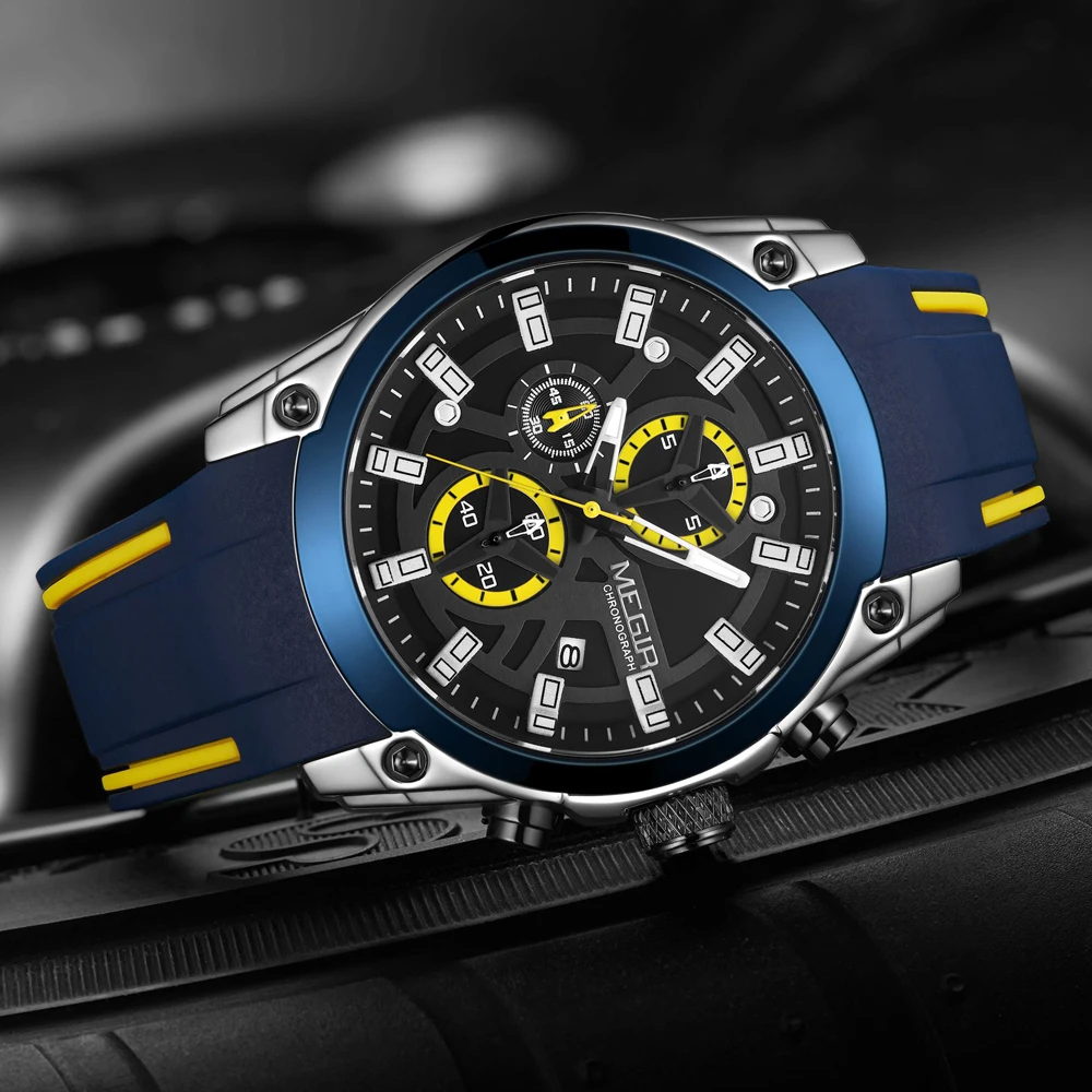 MEGIR Men's Quartz Watch Top Brand Luxury Rubber Band 3ATM Water Resistant Business Chronograph Mens Sports WristWatches 2144