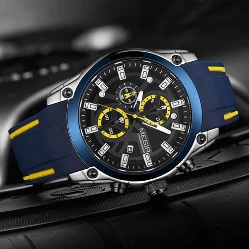 Imagen 2 del producto Reloj de cuarzo MEGIR para hombre, marca superior, banda de goma de lujo, resistente al agua 3ATM, cronógrafo de negocios, relojes de pulsera deportivos para hombre 2144