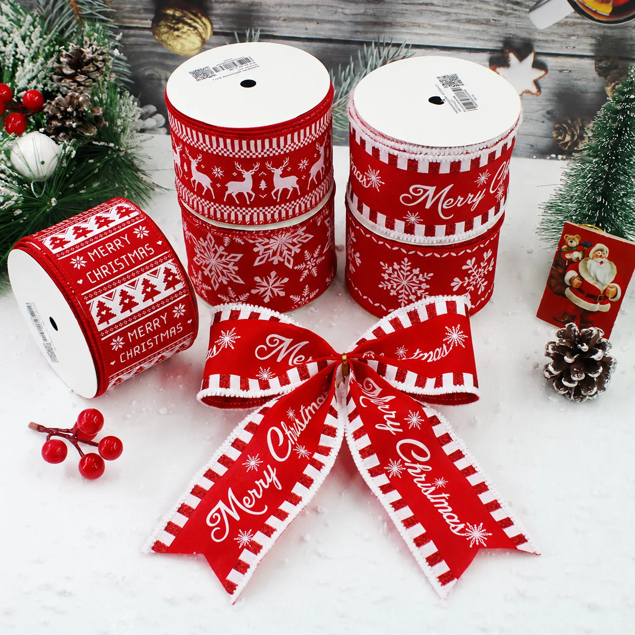 5yard/Roll Christmas Wired Edge Faux Linen Ribbon 2.5 Inch Red Holiday Ribbon For Wreaths Bows And Gift Wrapping DIY Accessories