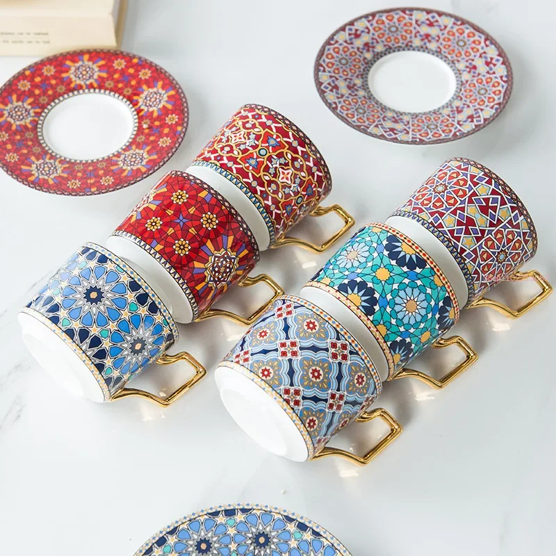 Vintage Texture Coffee Mug with Gold Handle Moroccan Style Ceramic Tea Water Cup for Mom Women Mothers Girls Wedding Gift 300ml