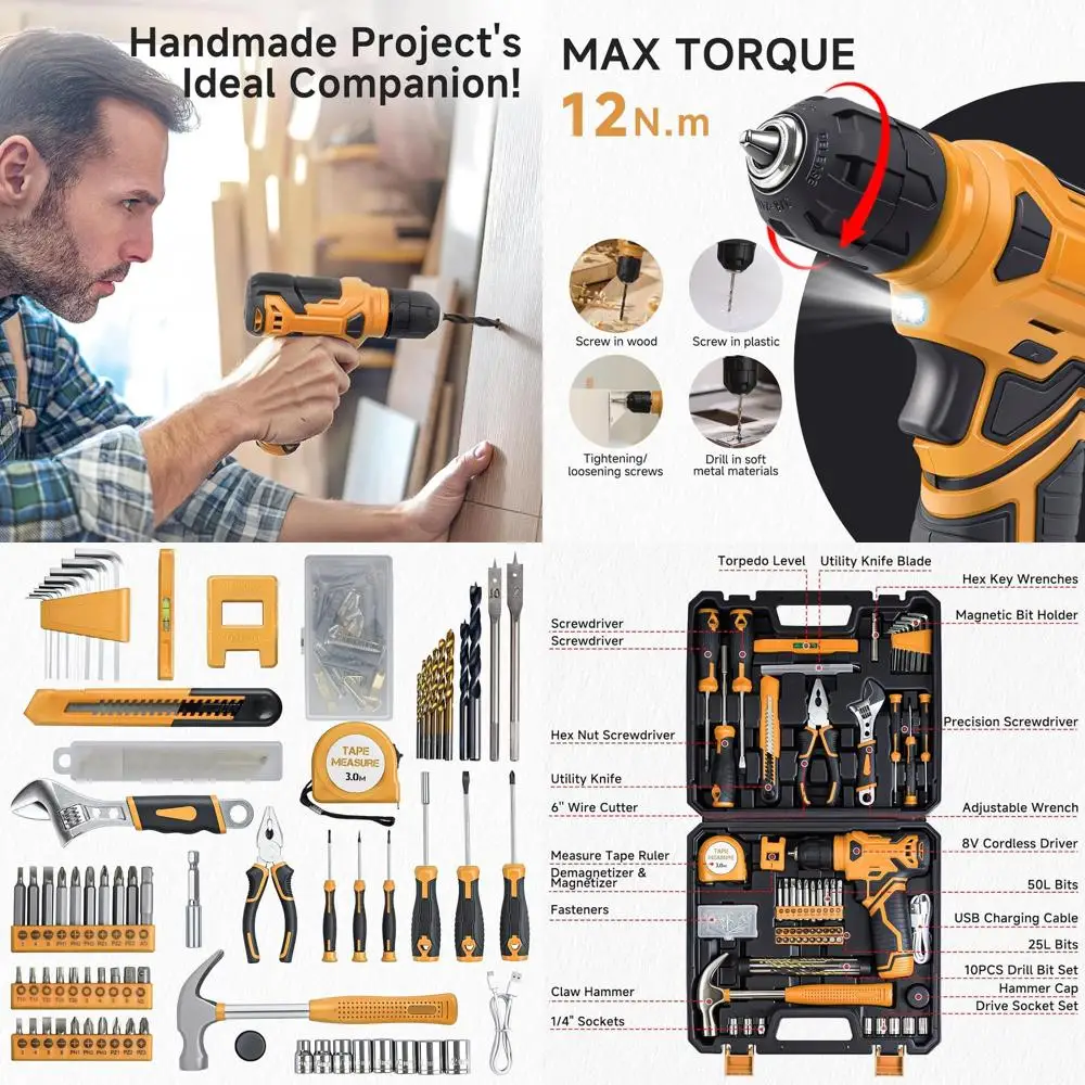 

8V Cordless Drill Set, 132-Piece Home Tool Kit, Ideal for DIY Enthusiasts and Homeowners - Yellow