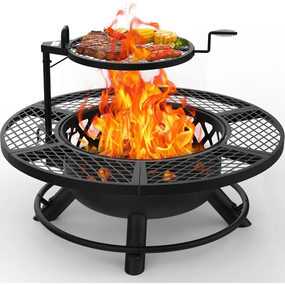 Fire Pit with Poker, 40 inch Outdoor Fire Pit Patio, Wood Burning Firepits for Outside with Grill