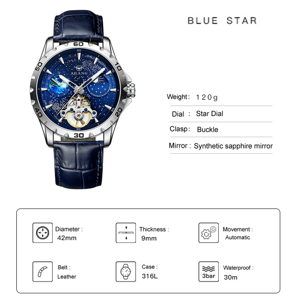 AILANG Brand Fashion Blue Starry Sky Mechanica Watch for Men Luxury Sapphire Leather Waterproof Luminous Mens