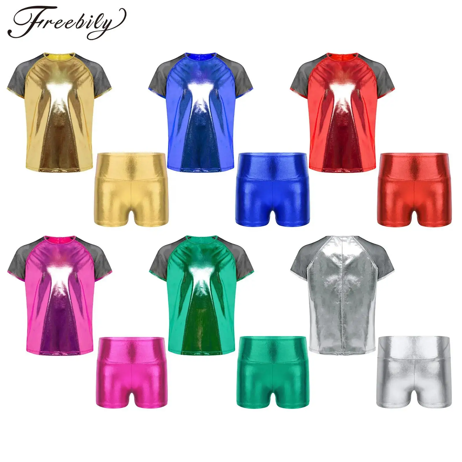 

Детский блестящий металлик в стиле хип-хоп, джазовый танцевальный наряд, прозрачная сетчатая футболка с короткими рукавами и шортами, школьный костюм для вечеринки, сценического выступления