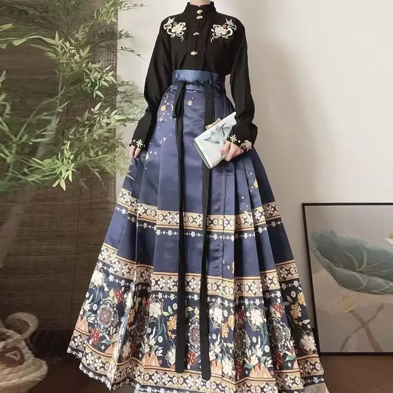 Set rok Outifits wanita, Rok wajah kuda Hanfu Tiongkok gaya etnik pakaian wanita Vintage baru dua potong