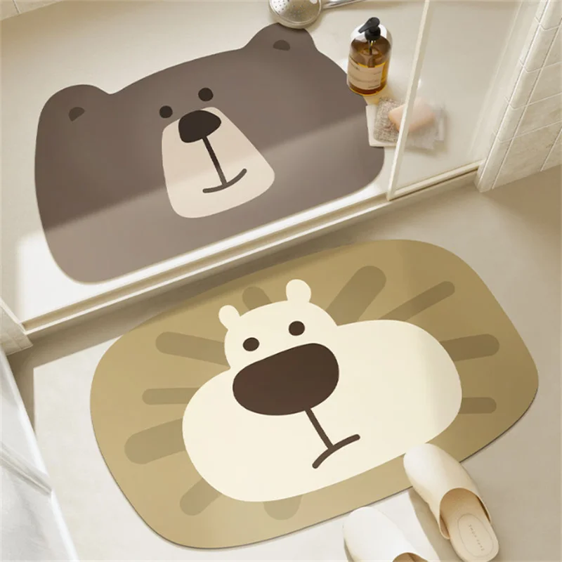 Cartoon Animal Bathroom Mat Thick Soft Diatomaceous Earth Absorbent Anti-Slip Quick Dry Entrance Door Rug for Home