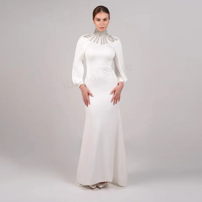 Maßgeschneiderte elegante Ballkleider, bodenlang, Stehkragen, volle Ärmel, Abendkleid, Kristallperlen, drapiertes Partykleid