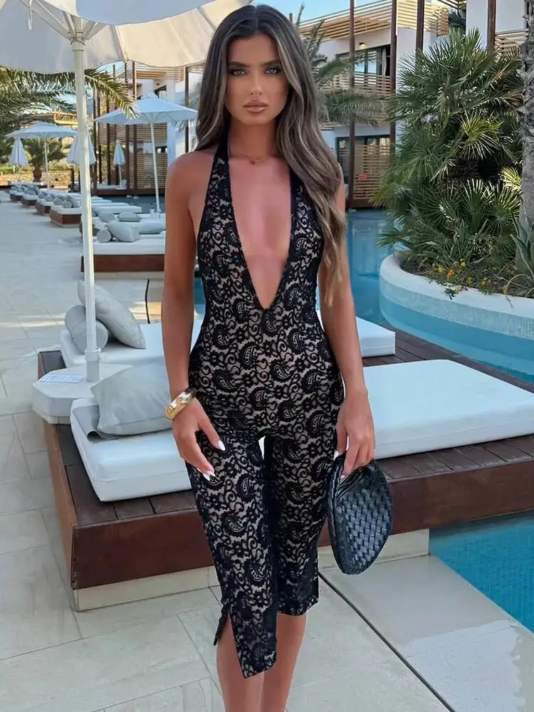 Summer Lace Sexy Jumpsuit Women Playsuit Elegant Halter V Neck Sleeveless Backless Skinny Beach Club Party Jumpsuit