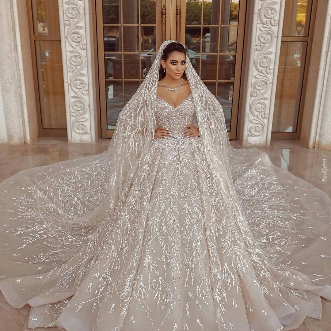 Wedding Dresses Modern Off Shoulder Bridal Gowns Sequins Pearls Long Sleeves Customized Princess Bride Dress Vestidos De Novia