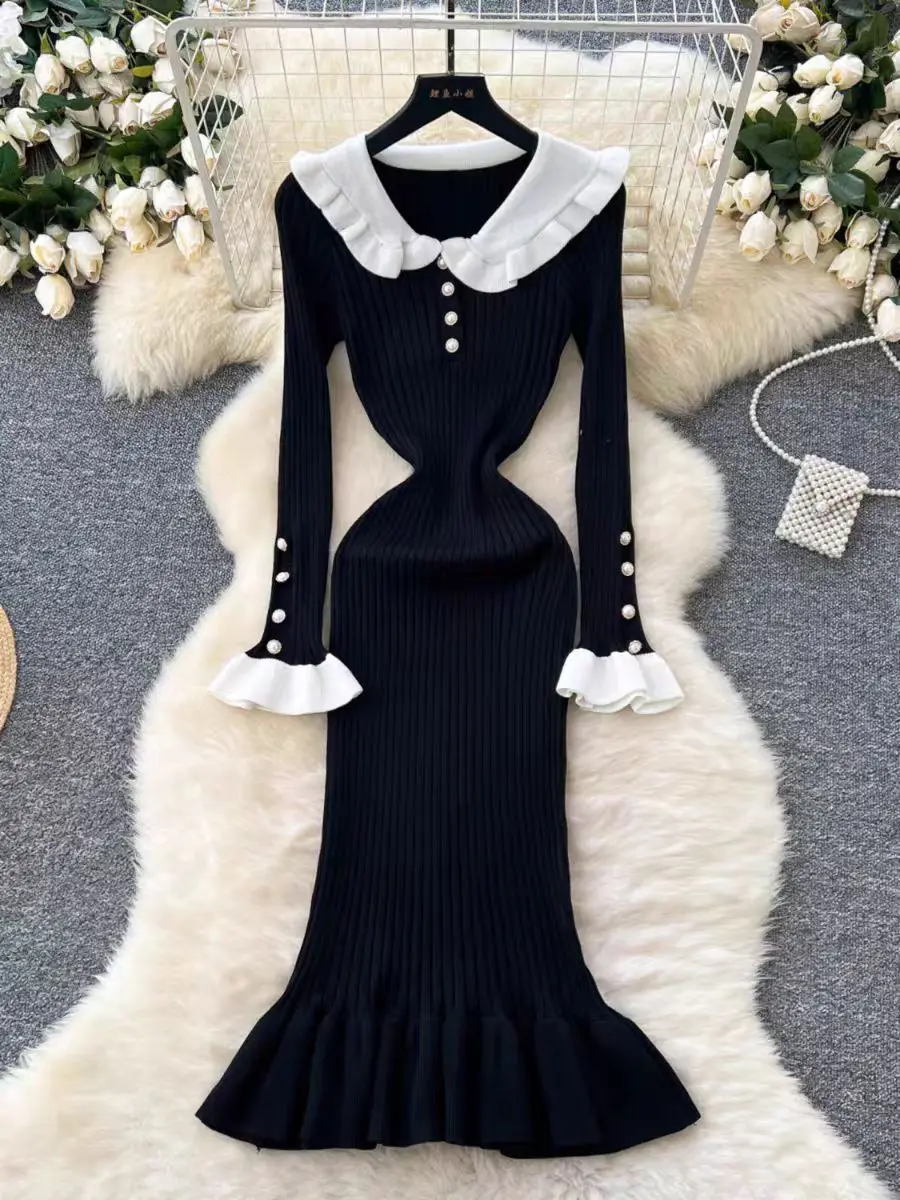 

Vintage Patchwork Bodycon Knit Dress Autumn Winter Lapel Ruffled Maxi Dress Evening Dresses Robe Sexy Y2k Long Dresses for Women