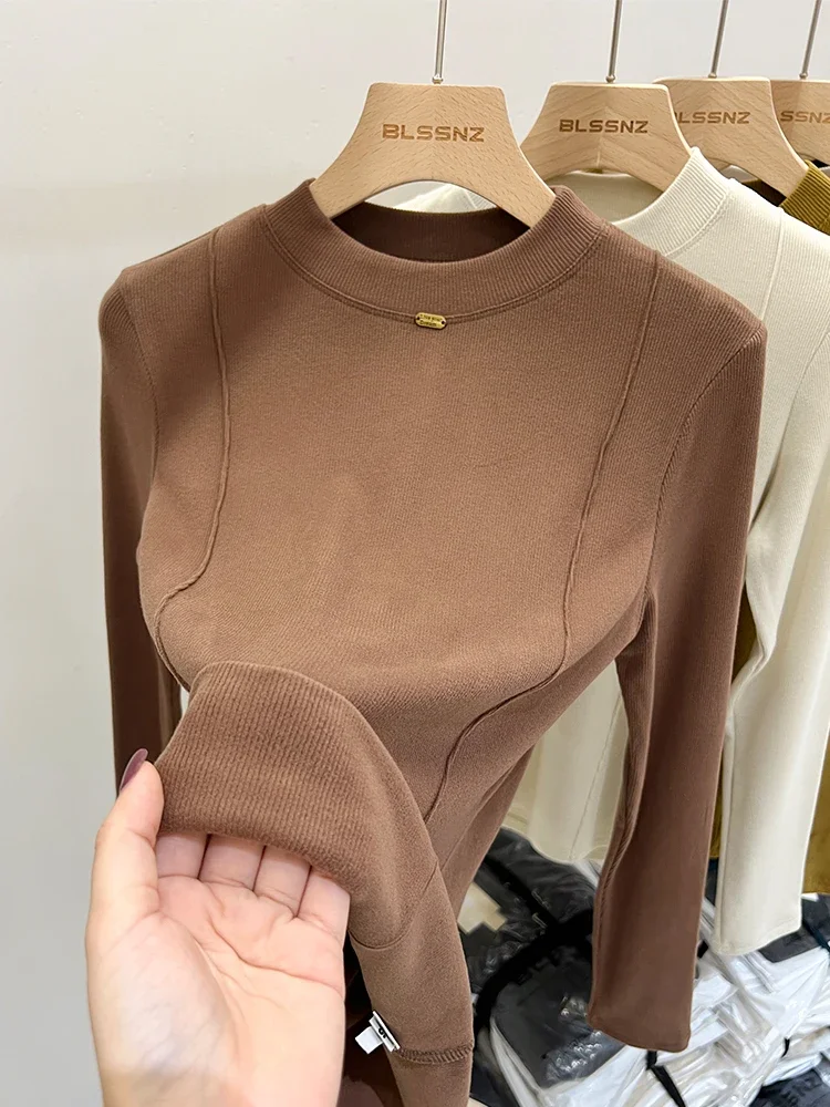 Women's Thickened Base T-Shirt with Stand Collar and Long Sleeves, Korean Version of Basic Elastic Line Commuter Top