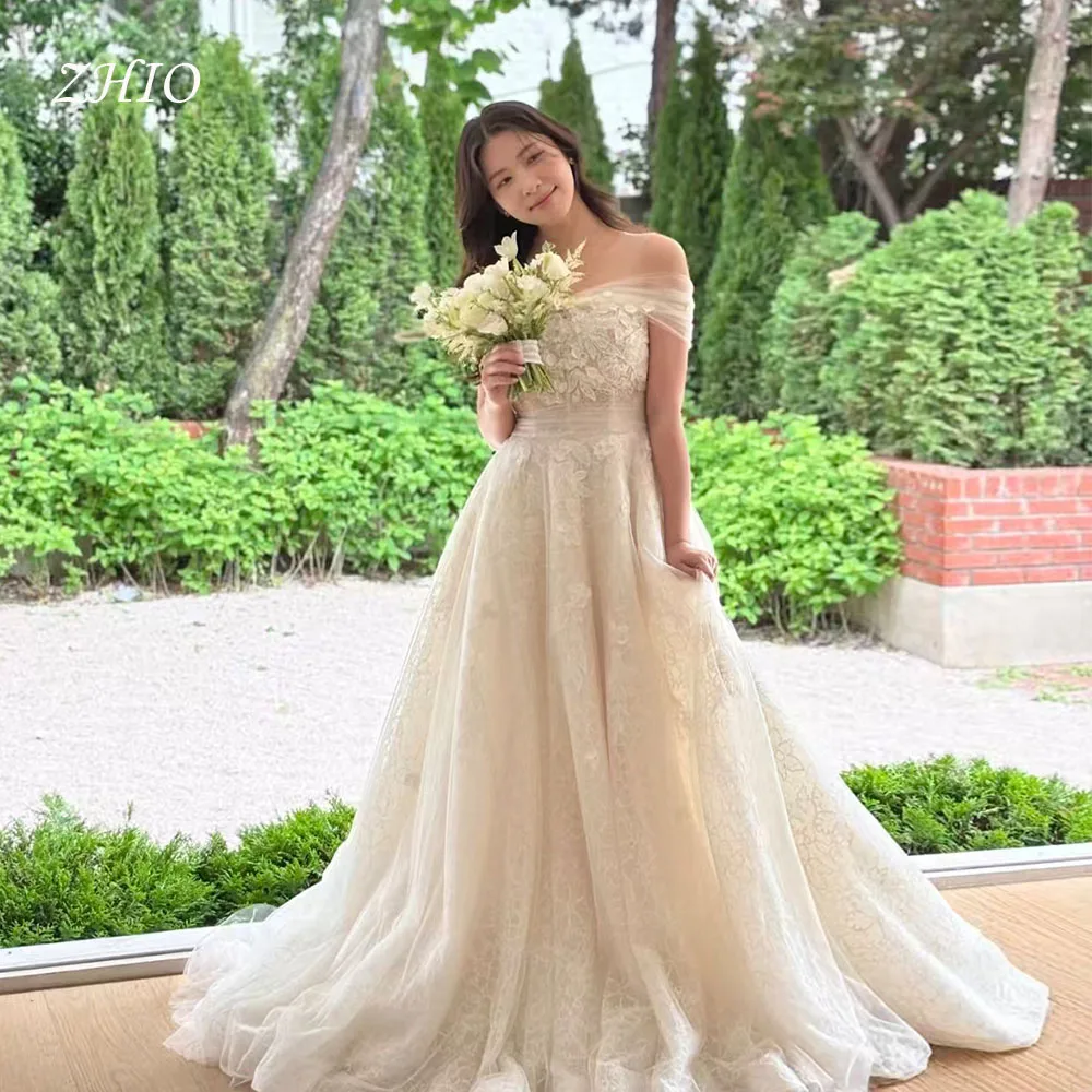 ZHIO Princess Ivory Lace Wedding Dress Off Shoulder Sweep Train Korea Photo Shoot Bridal Reception Gown Custom Luxury 웨딩드레스