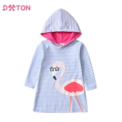 DXTON Girls Hooded Dress Autumn Winter Toddlers Hoodies Dresses Flamingo Cartoon Kids Clothing Striped Girls Casual Costumes