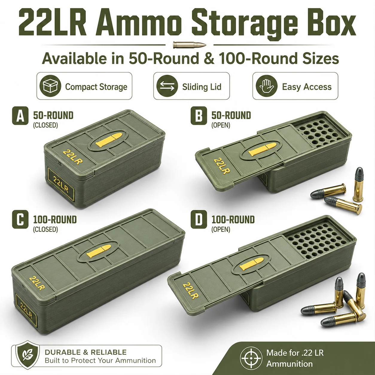 22 LR Ammo Drawer Box, Holds 50/100 Rounds; Made of Durable Plastic, Portable and Spill-Proof