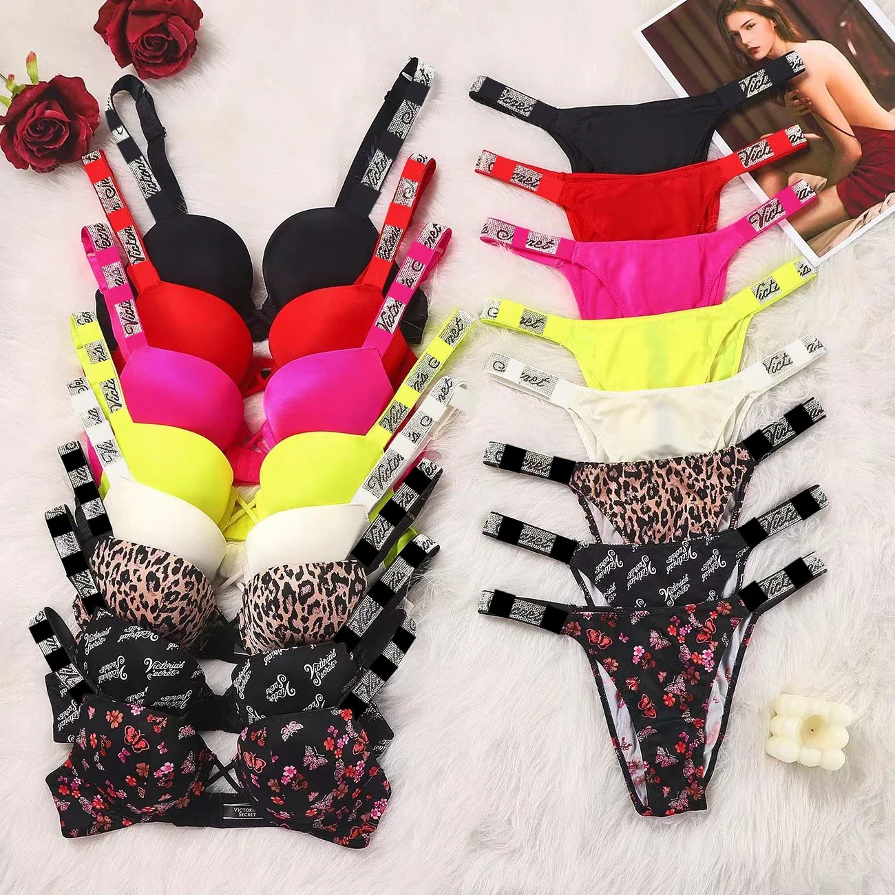 Sexy Push Up Bra and Panty 2 Pcs Sets Rhinestone Women Underwear Comfortable Brassiere Adjustable Gathered Lingerie Wholesale