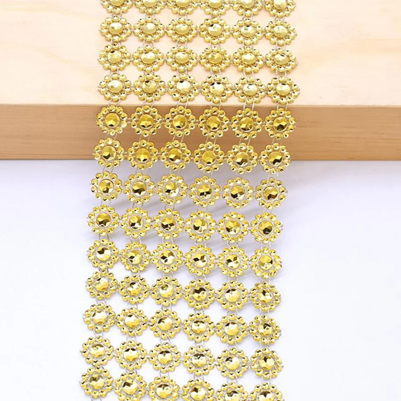 10Yards 6 Rows Sunflower Rhinestone Trim Diamond Mesh Flower Bling Crystal Applique Ribbon Wrap Trimming Wedding Cake Decoration