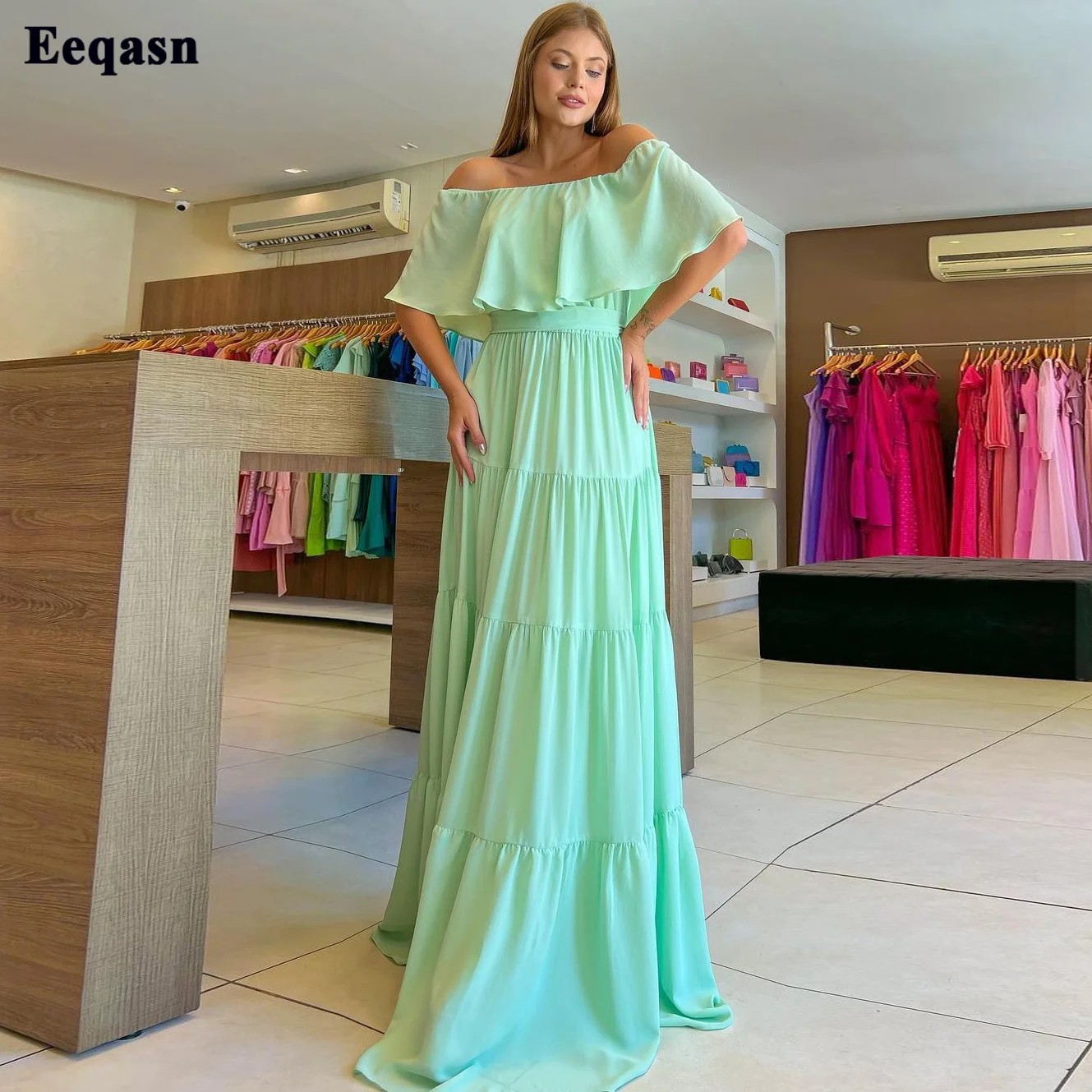 

Eeqasn Mint Green Beach Chiffon Prom Party Dresses Cap Sleeves Women Formal Long Evening Dress Pleated Wedding Bridesmaid Gowns