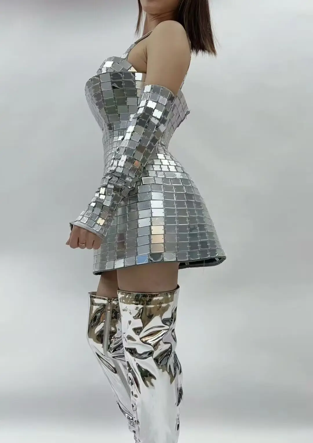 

Silver Mirror Dress Sexy women singer stage show outfit glass costume