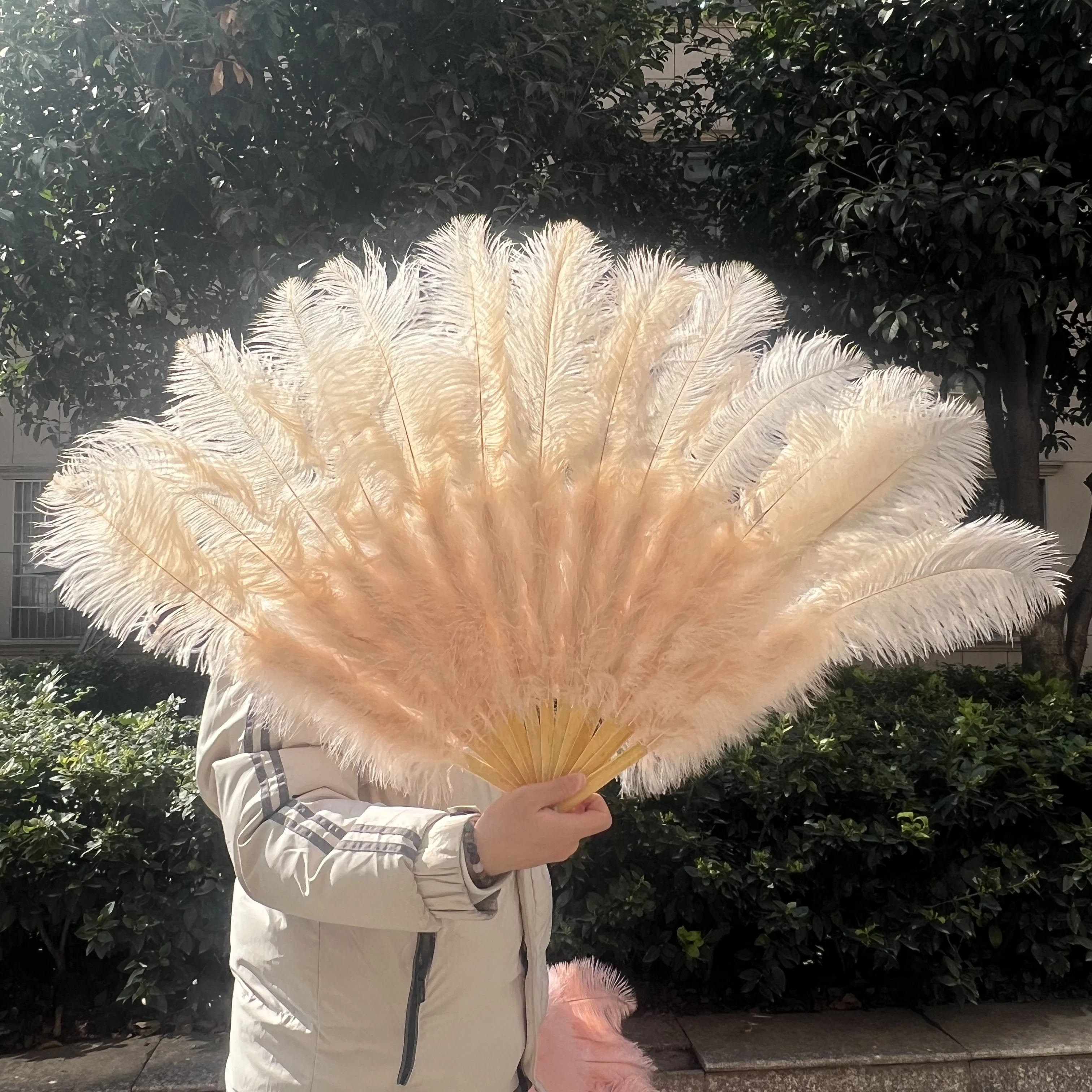 

13Bones 130CM Fluffy Foldable Ostrich Feather Hand Fans for Party Dance Stage Performance Rose Pink MultiColor Customizable Prop