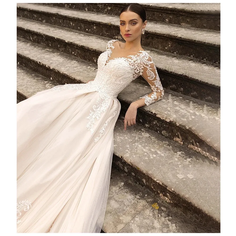 Elegante illusie trouwjurk met volledige mouw kant applique bruidsjurk v-hals aangepaste bruidjurk vestido de novia