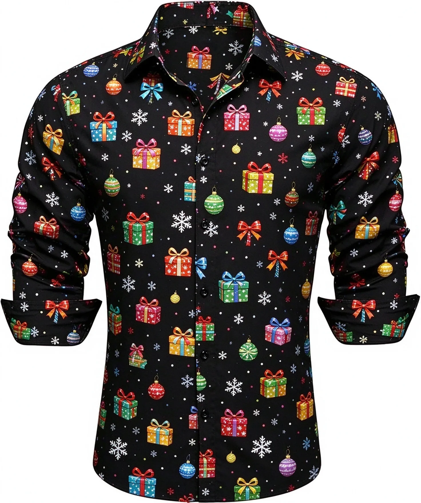 Men's Christmas Long Sleeved Shirt with Snowflake Print Collar Button Down Shirt, Men's Christmas Gift, Holiday Party Casual Top