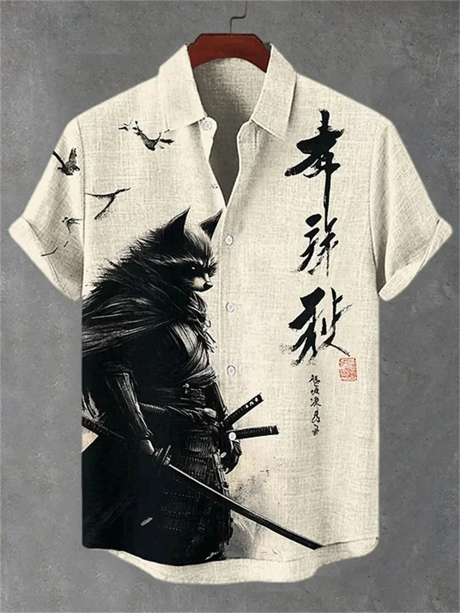 Men's Japanese Style Samurai Black Cat Katana Animal Ink Splash Print Short Sleeve Lapel Shirt Summer Street Casual Top