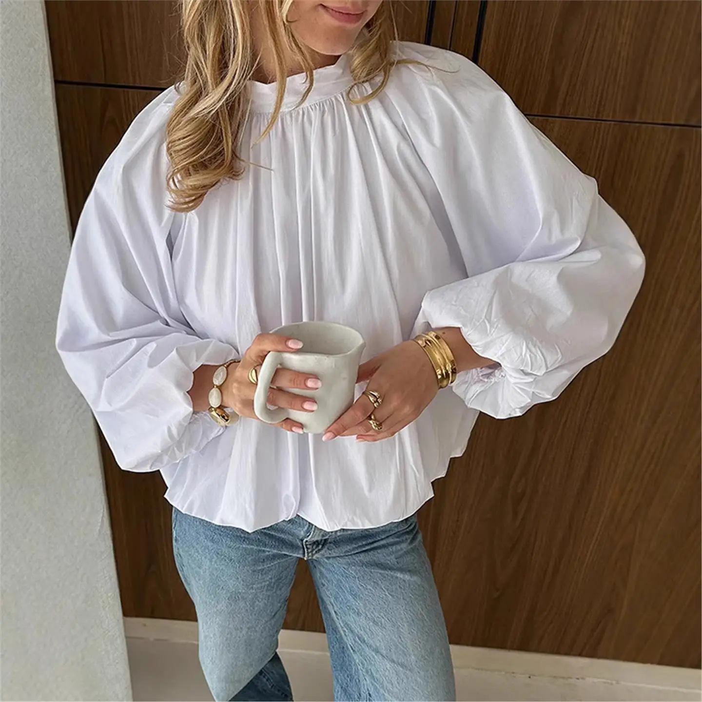 Lâche Faionable Casual Bal Knot Sle Top Nouvelle Arrivée Femmes irt Européen Sle Mince Long Sve Régulier...