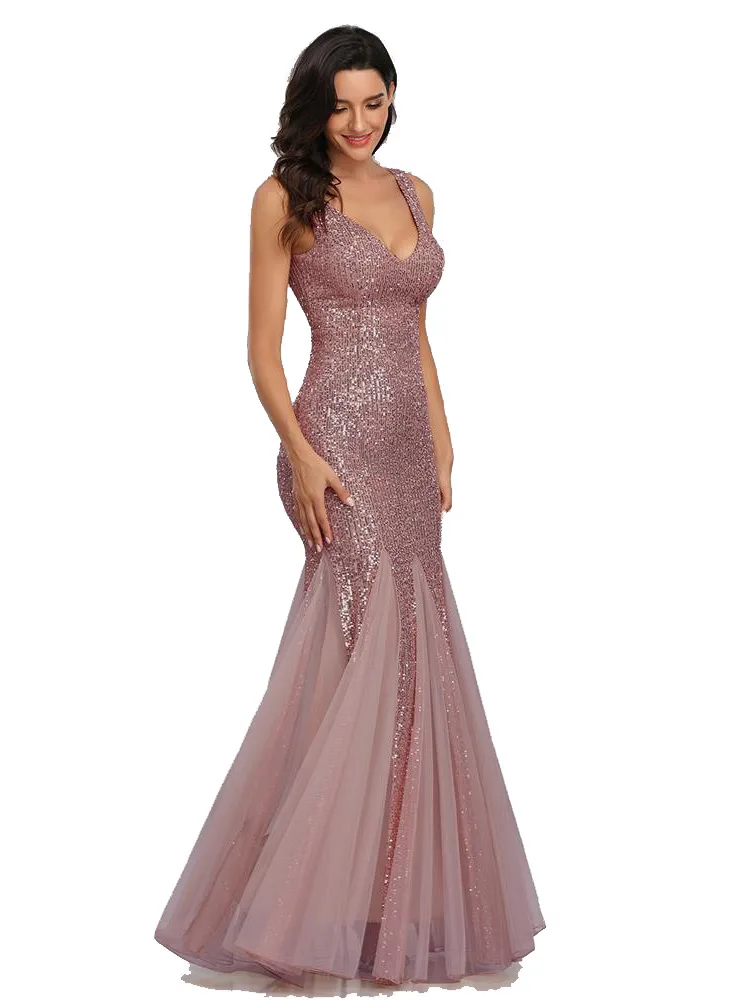 Sequin Spliced Mesh Mermaid Plus Size Evening Gown Double V Neck Sleeveless Hot Selling Bridesmaid Stretch Dress Prom Gown