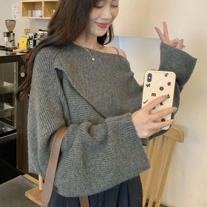 Korean Style Pullovers for Women Slash Neck Solid Fashion Elegant Female Clothing Spring Autumn Knitted Ins Simple Long Sleeve