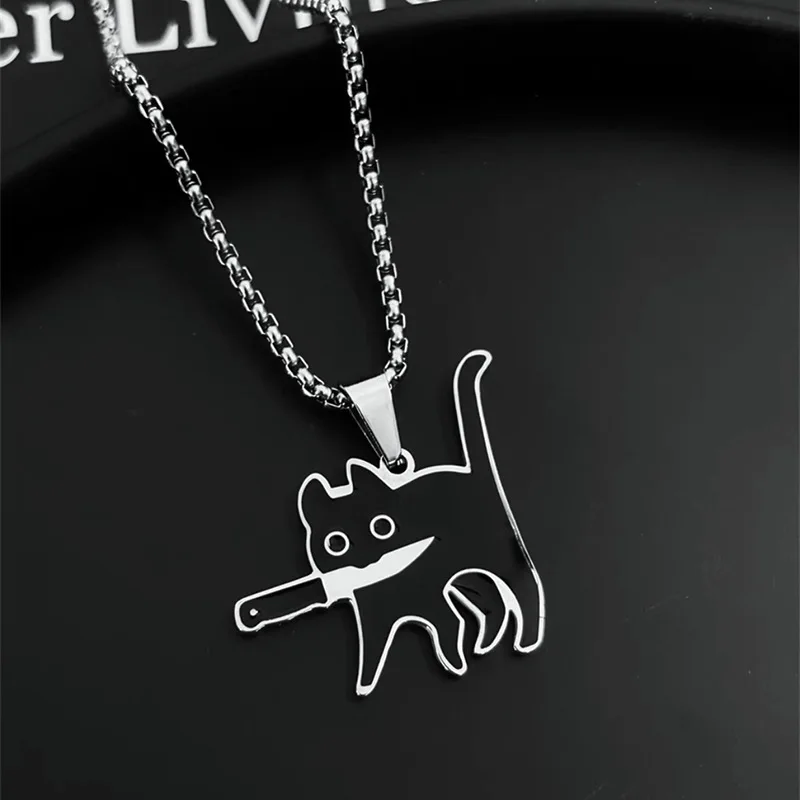 Fashion Cute Knife Cat Pendant Necklace Titanium Steel Kpop Funny Black Pendant Backpack Hanging Jewelry Decoration