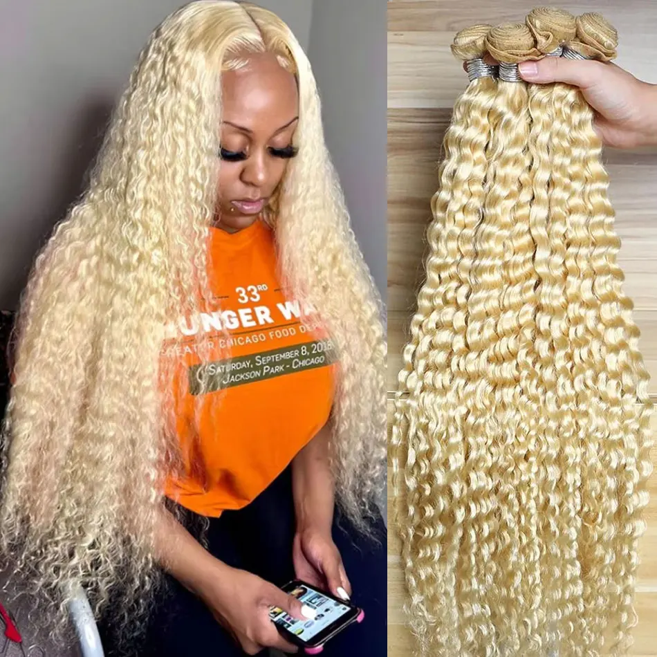 # Extensions de cheveux humains bouclés profonds couleur 613, tissage brésilien, cheveux vierges bruts non traités, lots de tissage ondulé profond 26 28 30 32 pouces pour tête entière