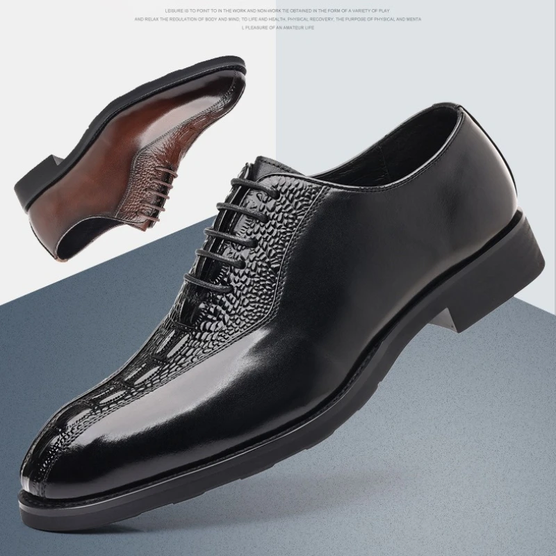 

New Broock Men's Business Formal Genuine Leather Shoes Crocodile Pattern Wedding Shoes for Groom British Style Men's Dress Shoes