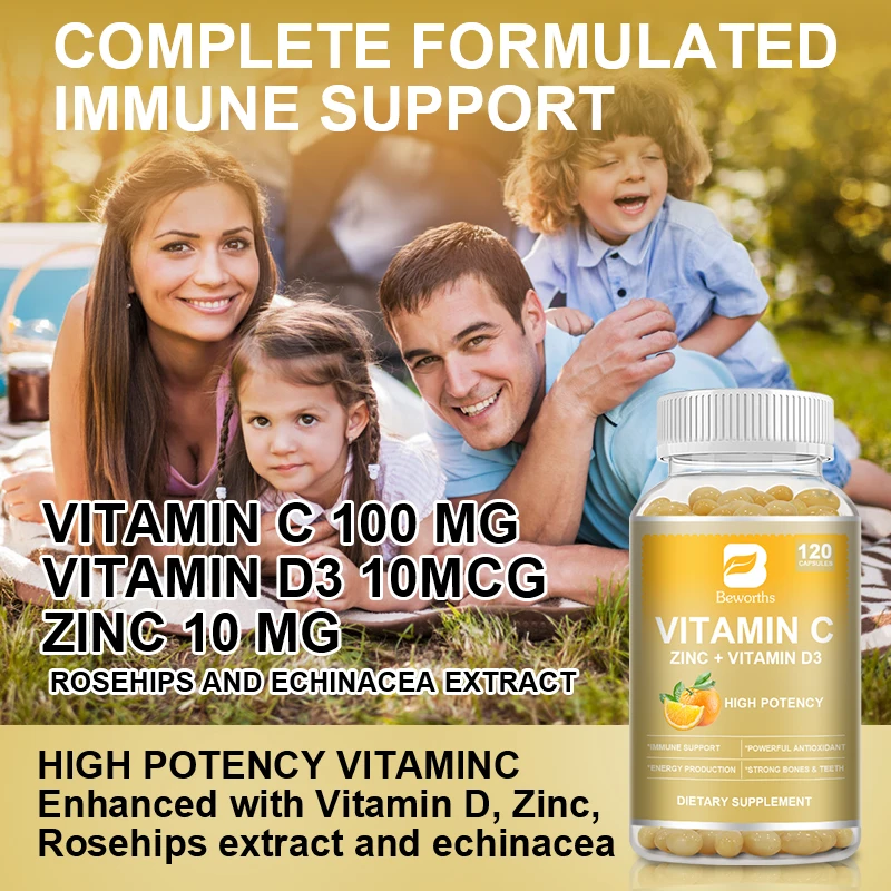 BEWORTHS Vitamin C & Zinc Capsule with Vitamin D3 Strong Antioxidant Collagen Booster Immune System and Skin Health Supplements