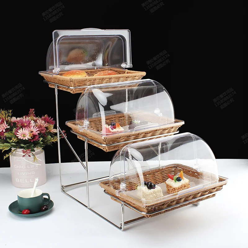 

Double layer tray rack bread cake fruit basket imitation rattan woven belt cover multi-layer Buffet dessert display plate