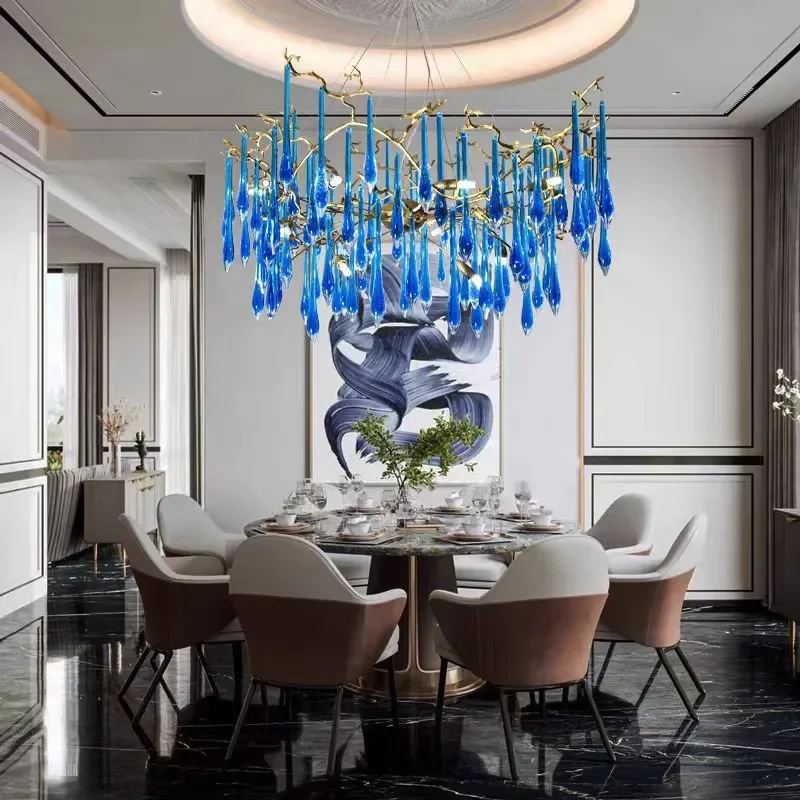 Solid Brass Chandelier with Blue Crystal for Living Room Bedroom Dining Villa Modern Luxury Ceiling Light Fixture
