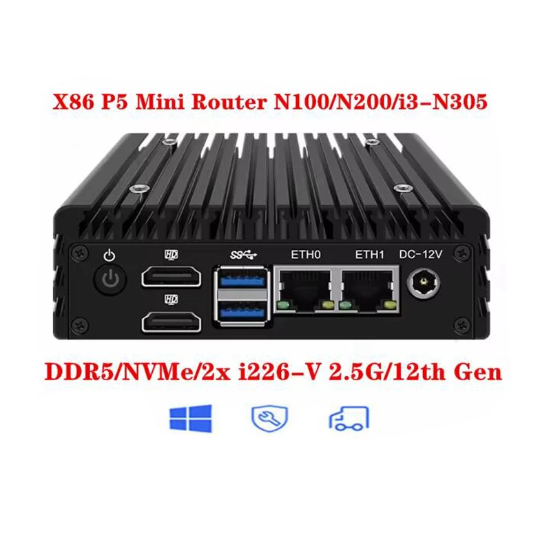 Aittact X86 P5 2x i226-V 2.5G Bezwentylatorowy Mini PC Firewall Router 12. generacji Intel i3-N305 N100 DDR5 4800MHz 2x HDMI2.1 Serwer Proxmox