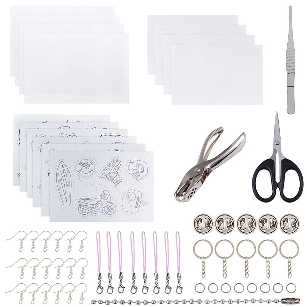 209 Pcs Heat Shrink Film Sheet Kit with Alloy Handheld Puncher Stainless Steel Tweezers Iron Split Key Rings Earring Hooks