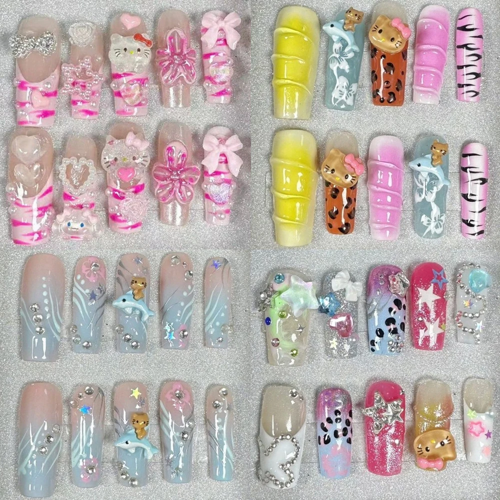 10Pcs Sanrio Hello Kitty Handmade Press On Nails Spice Girl French Long Coffin Shiny Diamond Diy Dopamine Nail Party Stickers