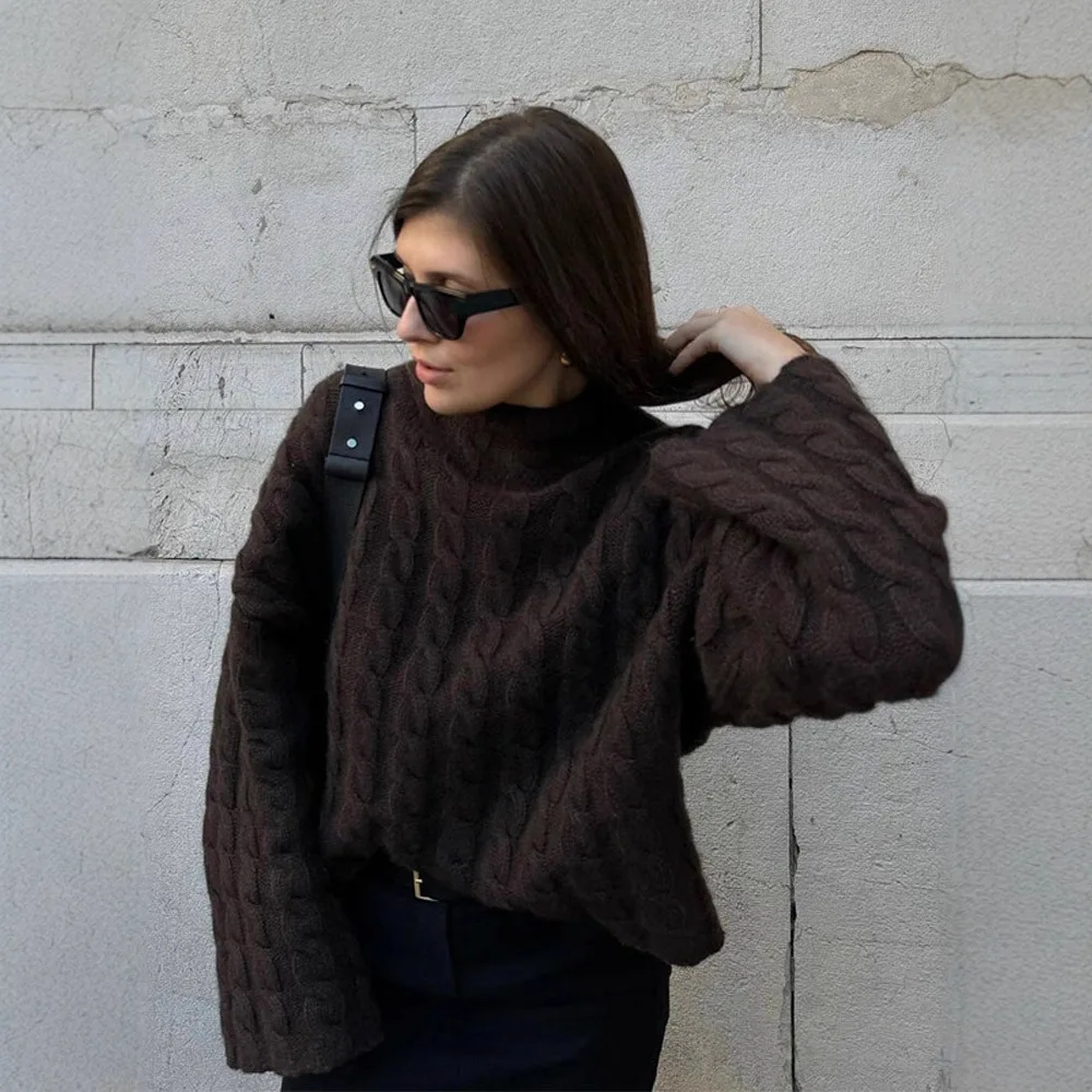 

Модный элегантный коричневый свитер с воротником в стиле ретро, женская одежда, зимний свитер, однотонный свободный повседневный вязаный пуловер, женский топ